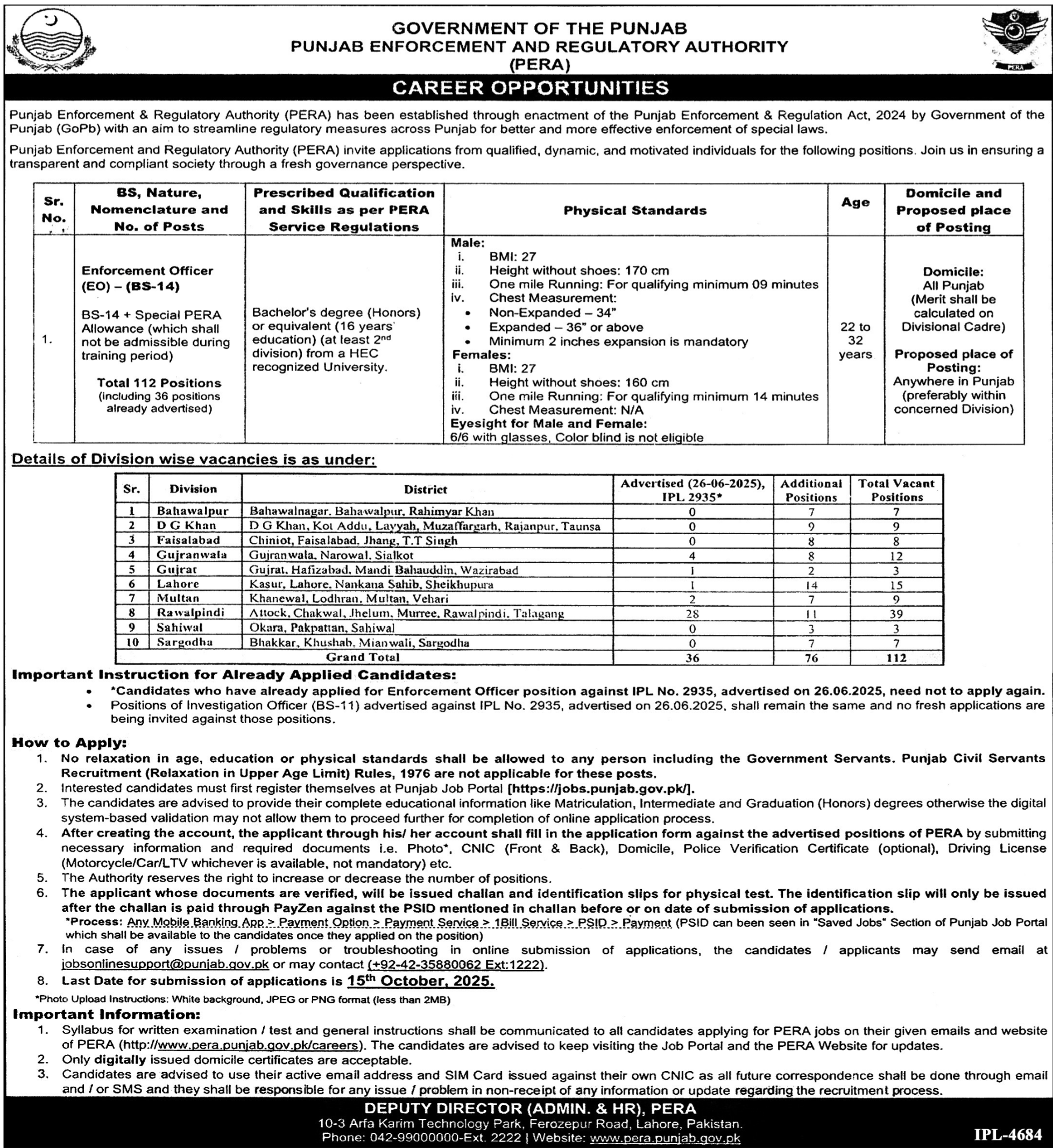 Punjab Enforcement and Regulatory Authority (PERA) Jobs 2025 – Apply Online for Enfor