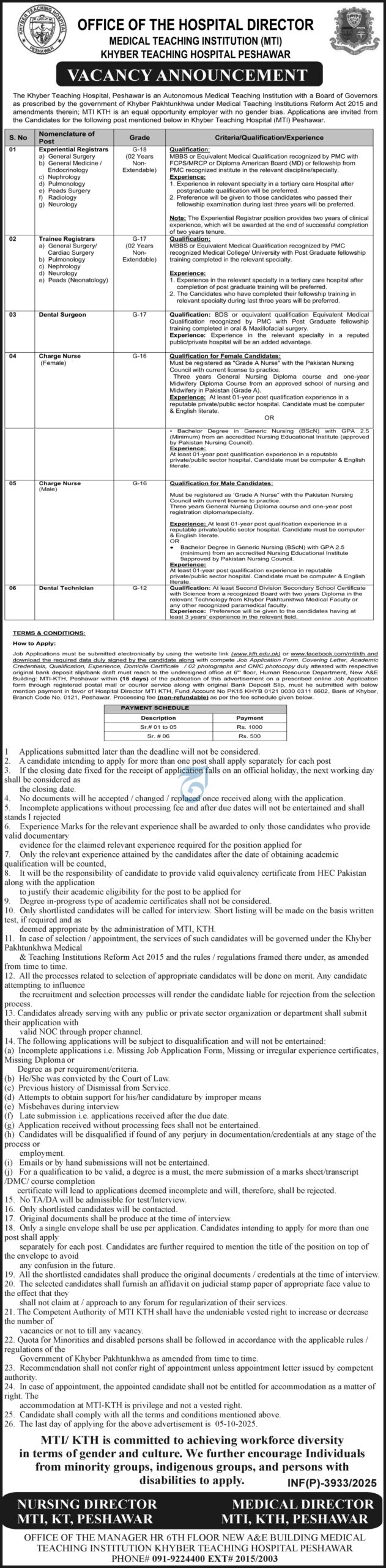 Latest Job Openings at Khyber Teaching Hospital Peshawar (MTI) – September 2025