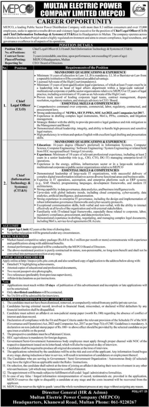 Multan Electric Power Company (MEPCO) Jobs 2025 – Chief Legal Officer (CLO) & Chief (Information Technology & Systems) (CIT&S)