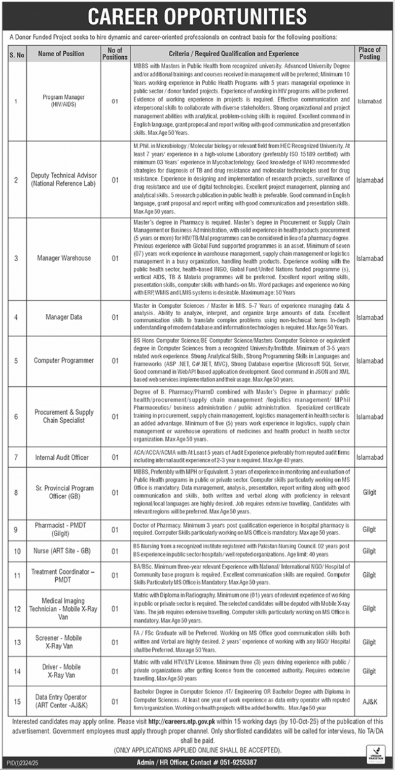 National TB Control Program NTP Islamabad Jobs 2025 – Apply Now
