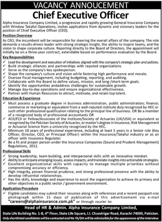 Alpha Insurance Company Karachi Jobs 2025 – Chief Executive Officer (CEO