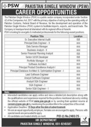 Pakistan Single Window (PSW) Latest IT Job Openings in Islamabad 2025
