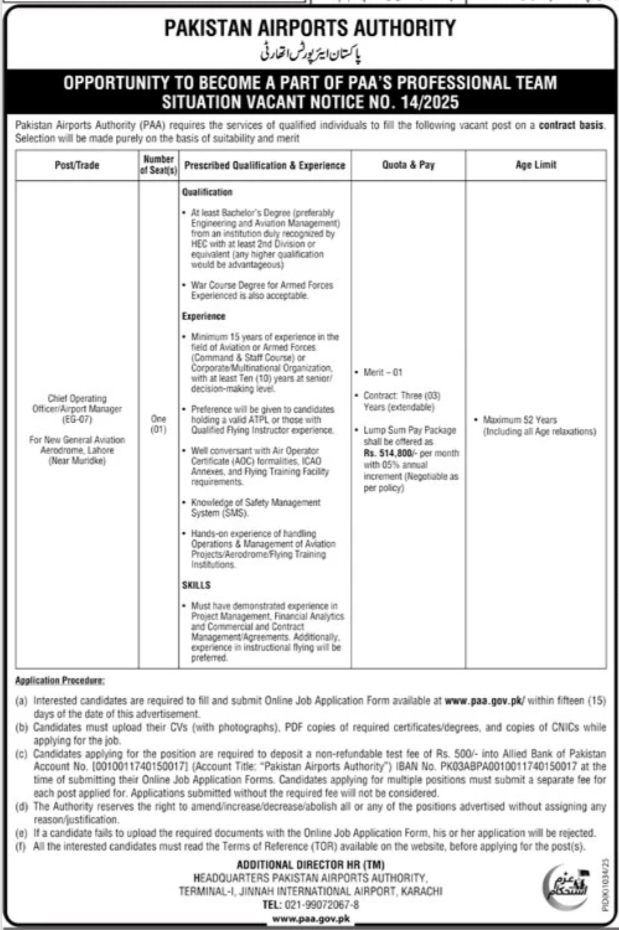 Latest Pakistan Airports Authority (PAA) Jobs 2025 – Apply for Airport Manager & Chief Operating Officer