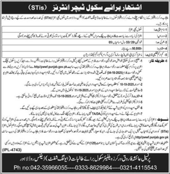 Latest Workers Welfare School Education Posts Lahore 2025