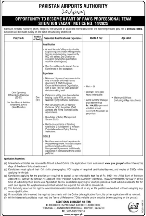 Pakistan Airports Authority (PAA) Latest Job Openings 2025