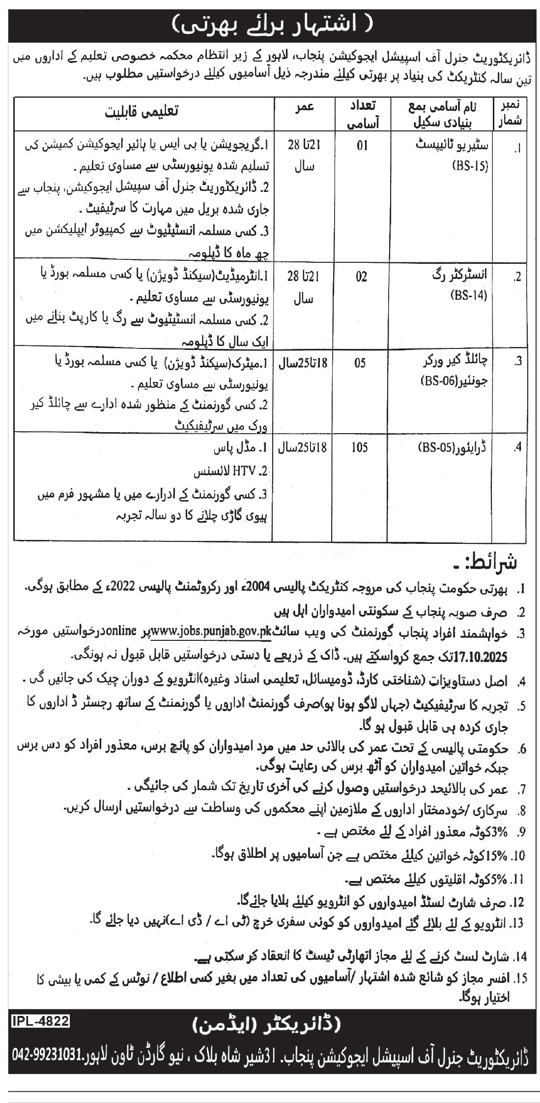 Special Education Department Lahore Jobs 2025 – Drivers, Stenotypist & Instructors