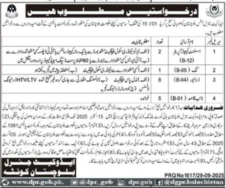 Government Organization Quetta Jobs 2025 – Driver, Cook, Naib Qasid & More