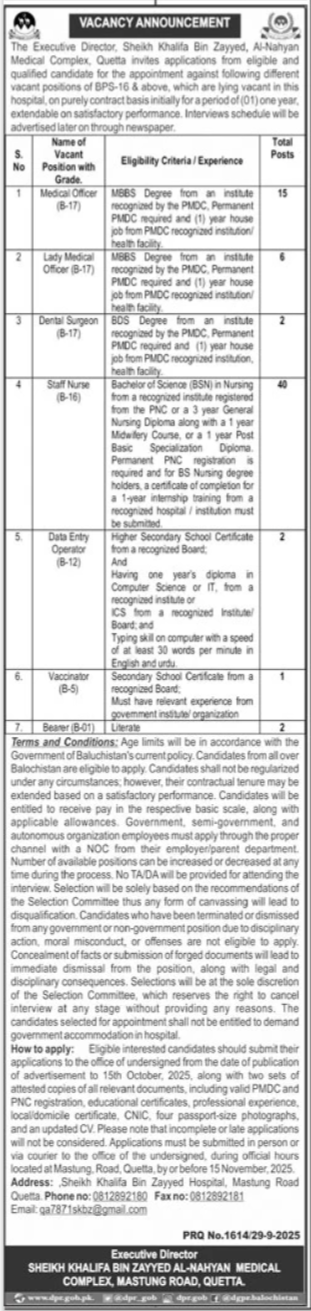 Latest Sheikh Khalifa Bin Zayed Al Nahyan Hospital Medical Posts Quetta 2025