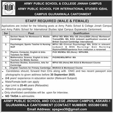 Army Public School Islamabad Jobs 2025 – Teachers & Staff Vacancies