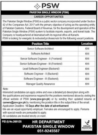 Latest Pakistan Single Window PSW IT Posts Karachi 2025