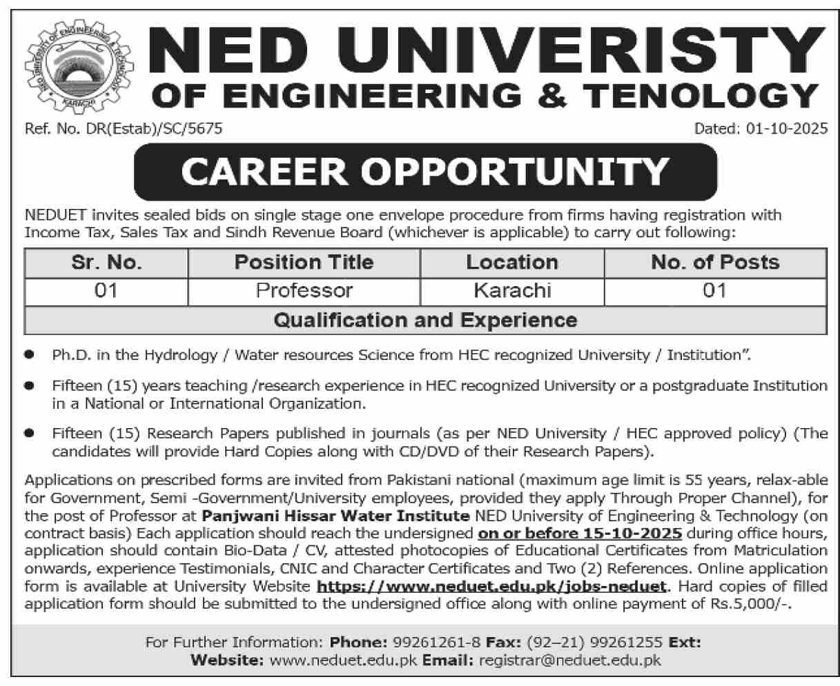 NED University Karachi Professor Jobs 2025 – Apply Online
