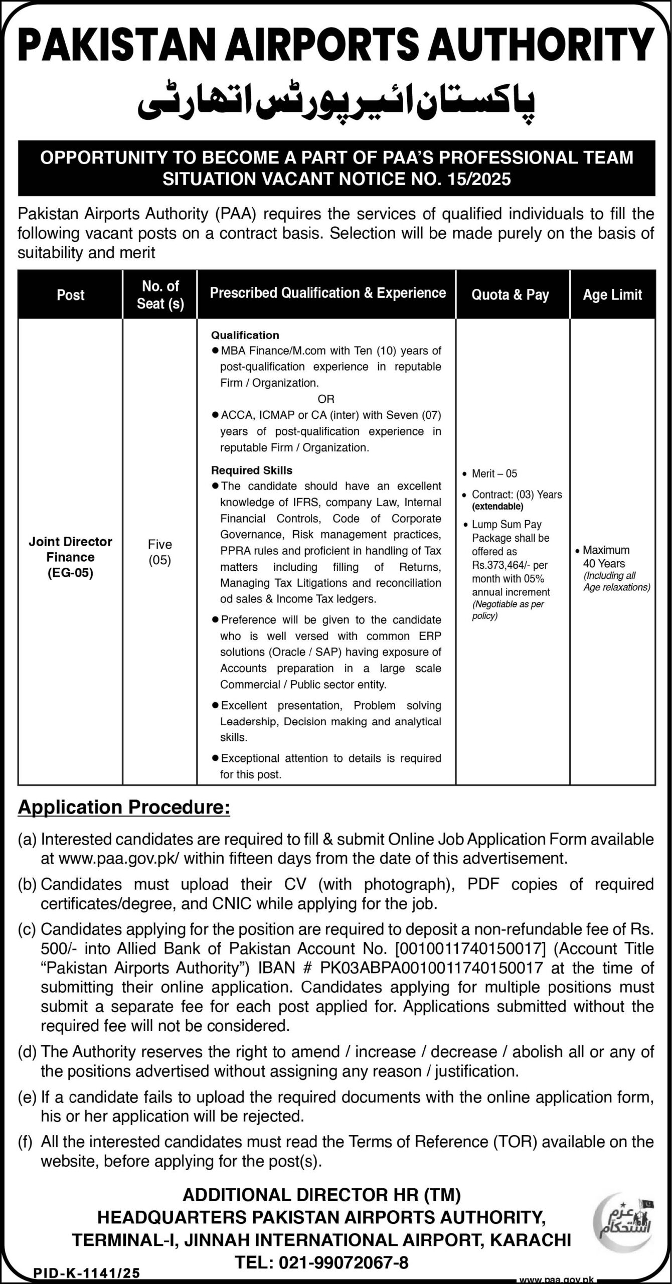 Pakistan Airports Authority (PAA) Jobs 2025 in Karachi – Apply for Joint Director Finance