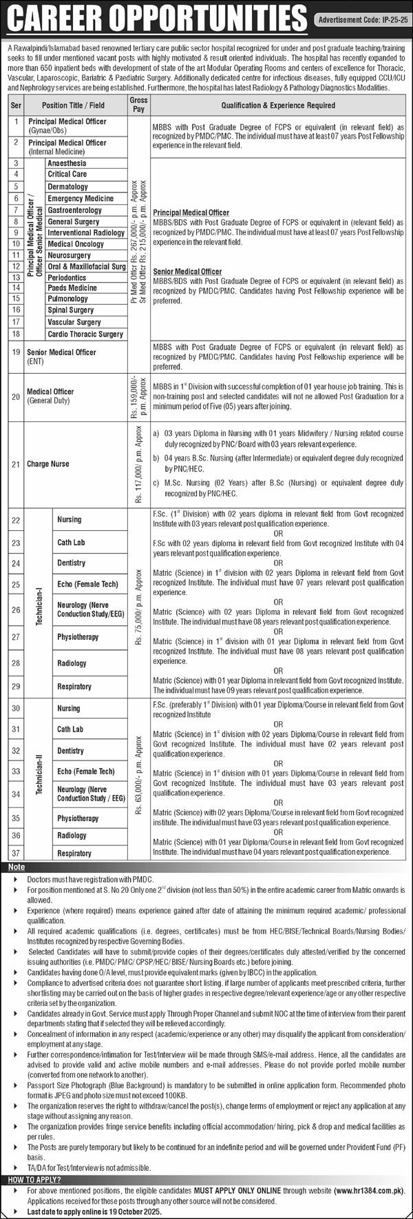 Public Sector Hospital Lahore Jobs 2025 – Medical Officers, Nurses & Technicians Required