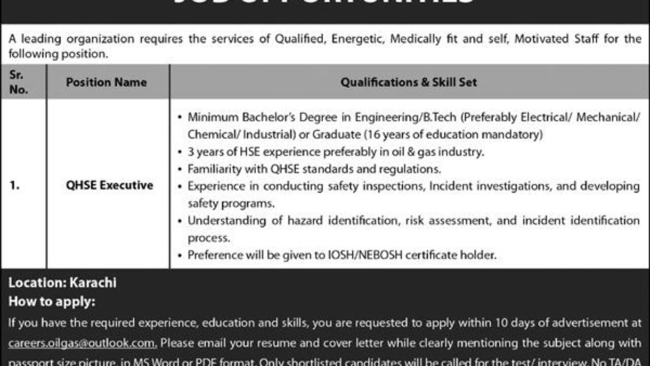 Oil & Gas Company Karachi Jobs 2025 – QHSE Executive Vacancies