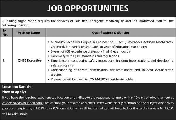 Oil & Gas Company Karachi Jobs 2025 – QHSE Executive Vacancies