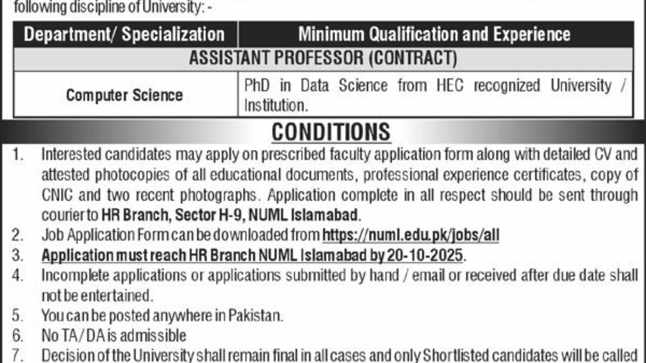 National University of Modern Languages (NUML) Islamabad Jobs 2025 – Assistant Professor Vacancies