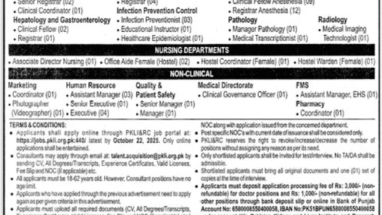Pakistan Kidney and Liver Institute & Research Centre (PKLI) Jobs 2025 in Lahore – Apply Online