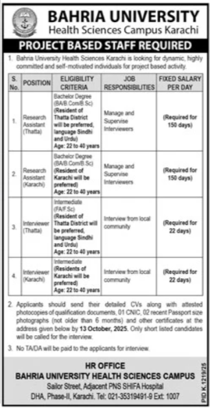 Bahria University Karachi Jobs 2025 – Apply Now for Research Assistant & Interviewer Positions