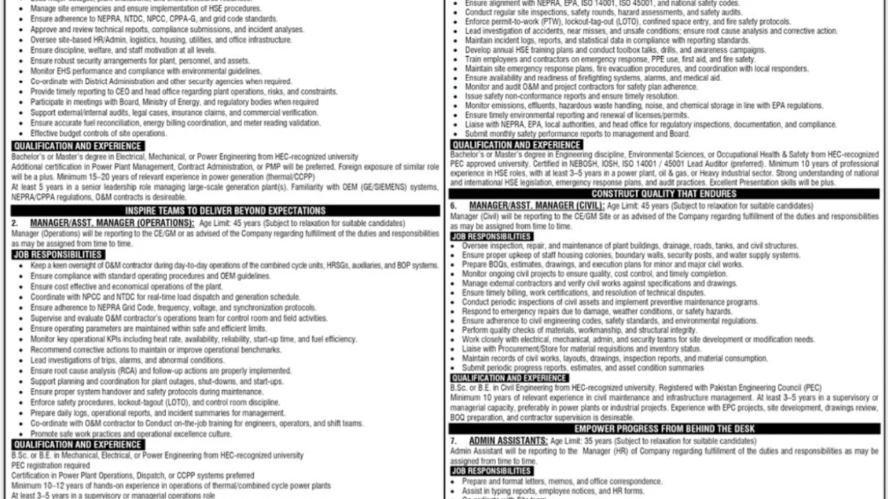 Central Power Generation Company Ltd (CPGCL) Jobs 2025 – Apply Now for Managers & Assistant Managers