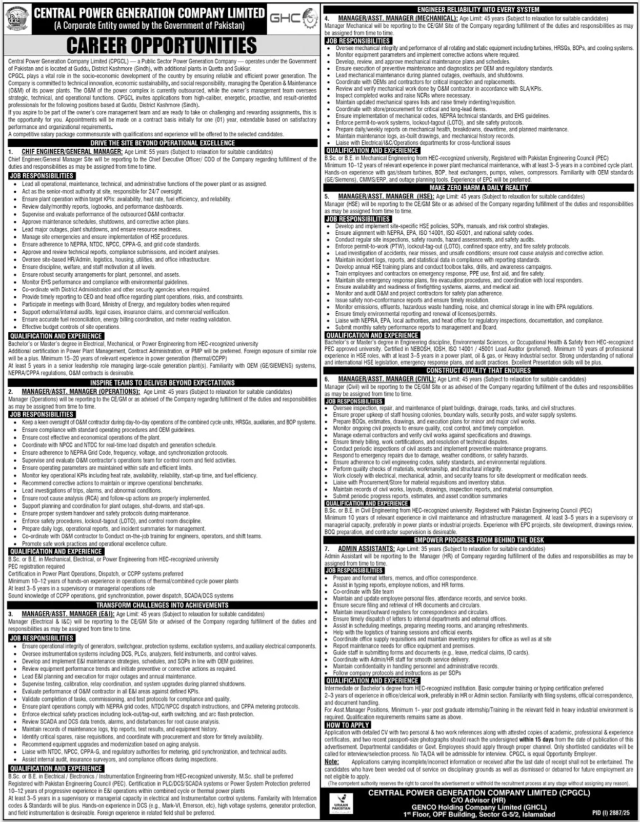 Central Power Generation Company Ltd (CPGCL) Jobs 2025 – Apply Now for Managers & Assistant Managers