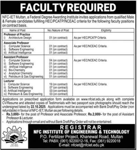 NFC Institute of Engineering & Technology Multan Jobs 2025 – Apply for Professors, Associate Professors & Lecturers
