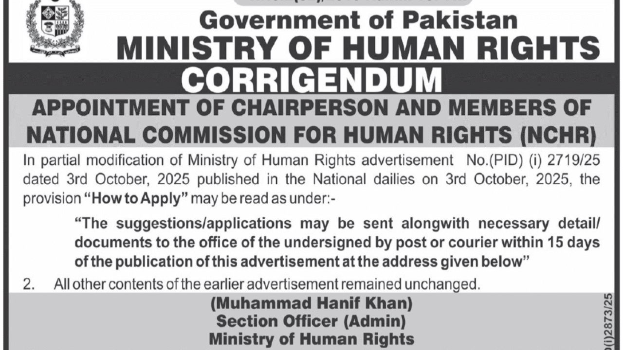 Ministry of Human Rights Islamabad Jobs 2025 – Apply Now for Chairperson & Member Posts