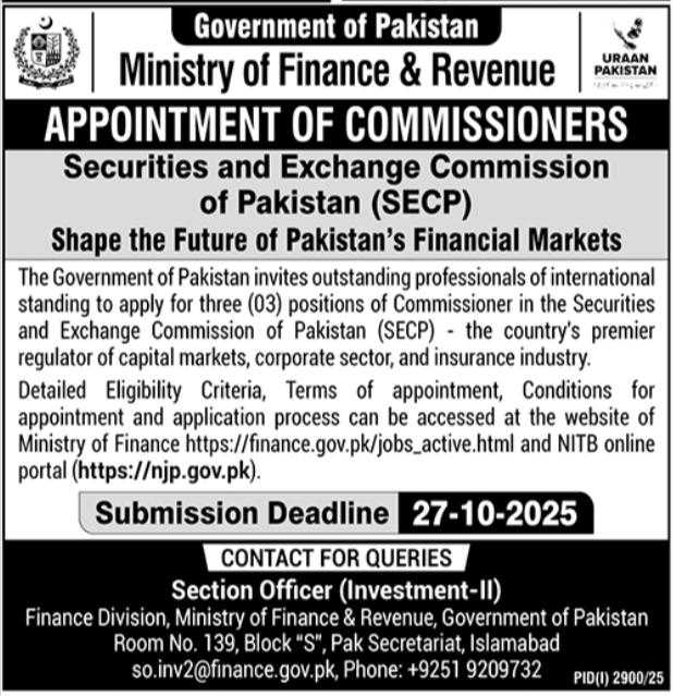 Ministry of Finance Islamabad Jobs 2025 – Apply for Commissioner SECP Posts