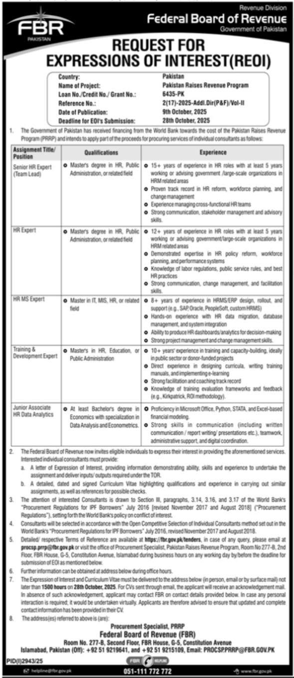 Federal Board of Revenue (FBR) Jobs 2025 in Islamabad – Apply Online Before 28 October