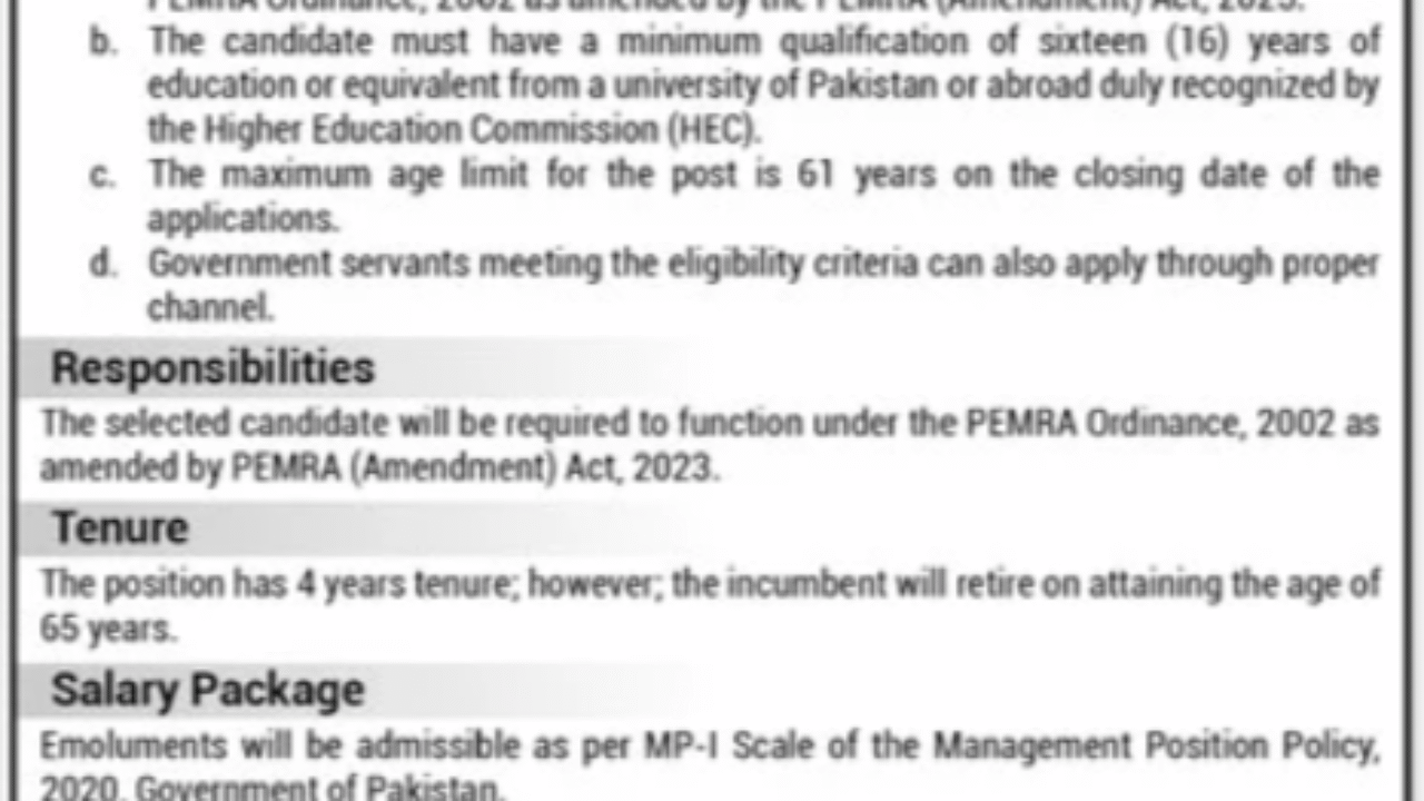 Ministry of Information and Broadcasting Jobs 2025 | Apply for Chairperson Post at PEMRA Islamabad