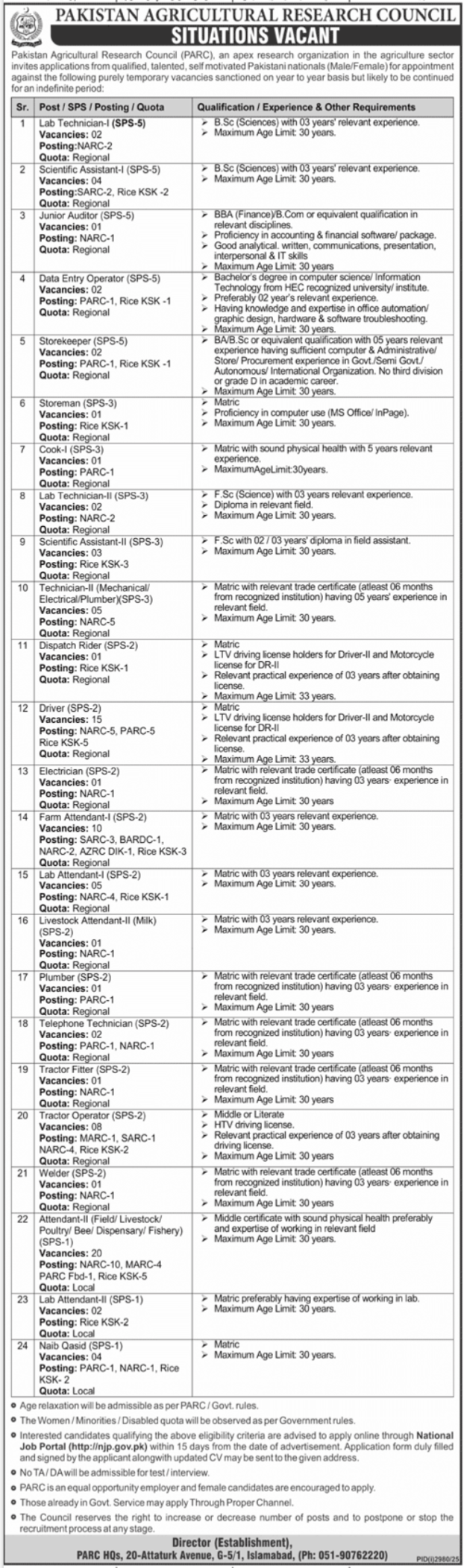 Pakistan Agricultural Research Council (PARC) Jobs 2025 | Apply Online for Multiple Positions in Islamabad