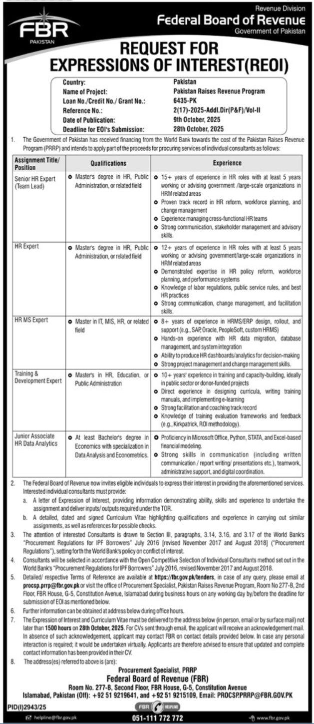 Federal Board of Revenue (FBR) Jobs 2025 | Apply Online for Management & HR Expert Positions in Islamabad