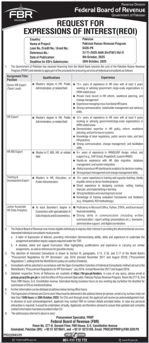 Federal Board of Revenue (FBR) Jobs 2025 – Apply Now for HR Expert & Data Analytics Positions in Islamabad