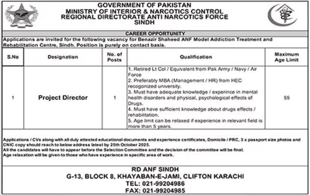 Ministry of Interior and Narcotics Control Jobs 2025 – Project Director (Karachi)