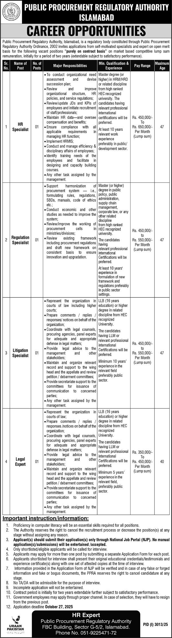 Public Procurement Regulatory Authority (PPRA) Jobs 2025 – HR Specialist, Legal Expert, Regulation & Litigation Specialist | Islamabad