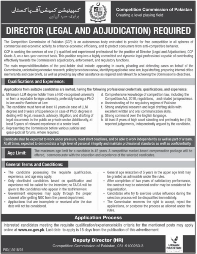 Competition Commission of Pakistan (CCP) Jobs 2025 – Apply Now for Director Positions in Islamabad