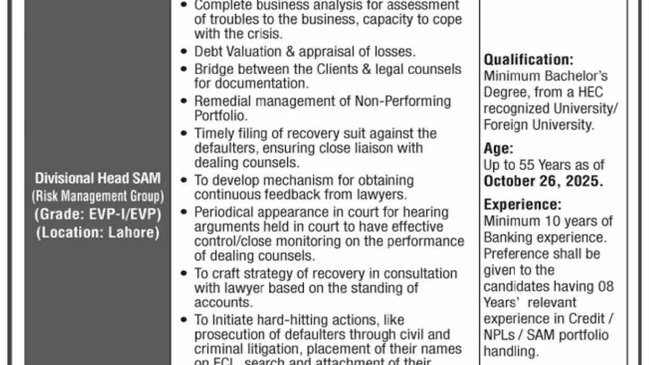 The Bank of Punjab (BOP) Jobs 2025 – Apply Online for Divisional Head SAM Position in Lahore