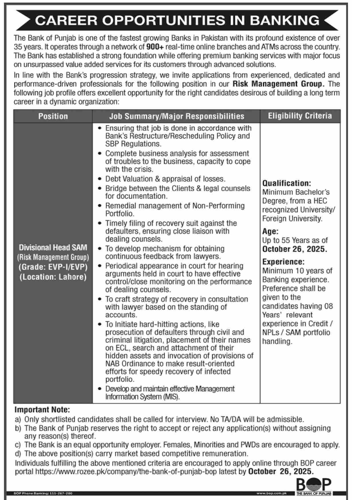 The Bank of Punjab (BOP) is one of Pakistan’s most progressive and rapidly growing financial institutions. Established under the Government of Punjab, BOP provides a wide range of banking and financial services