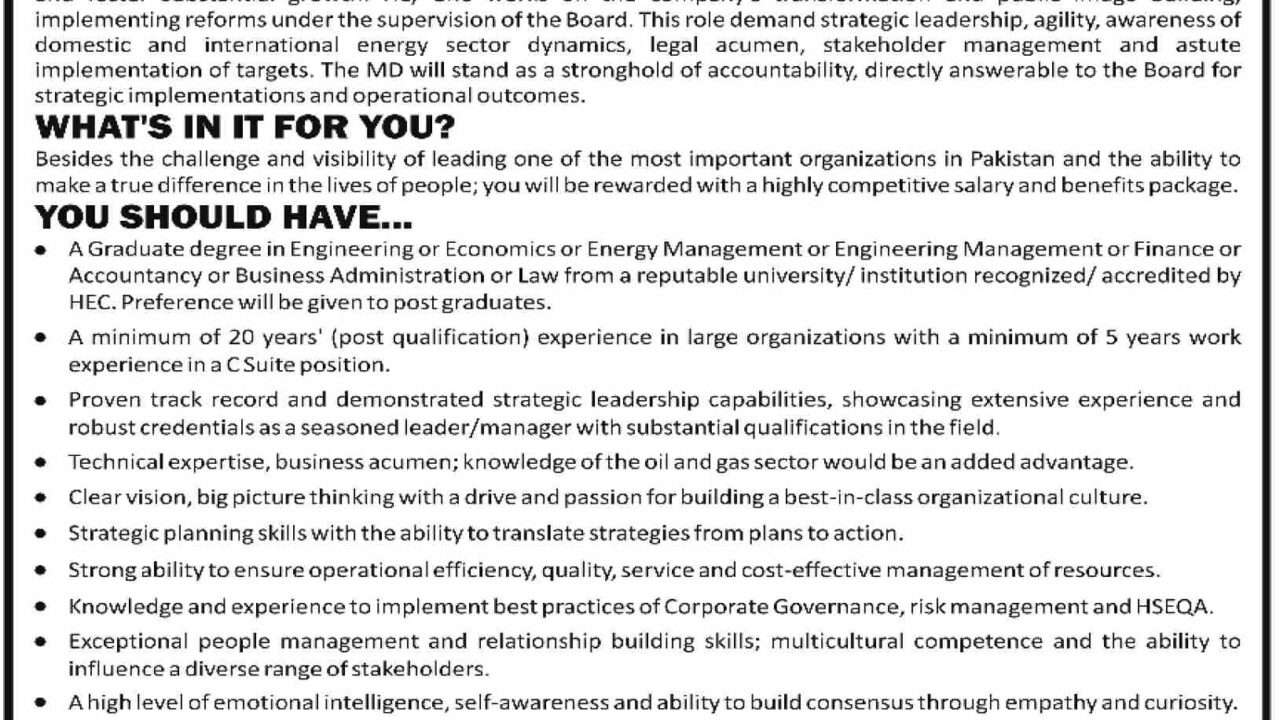 Sui Southern Gas Company Limited (SSGC) Jobs 2025 – Managing Director & Chief Executive Officer Vacancy in Karachi
