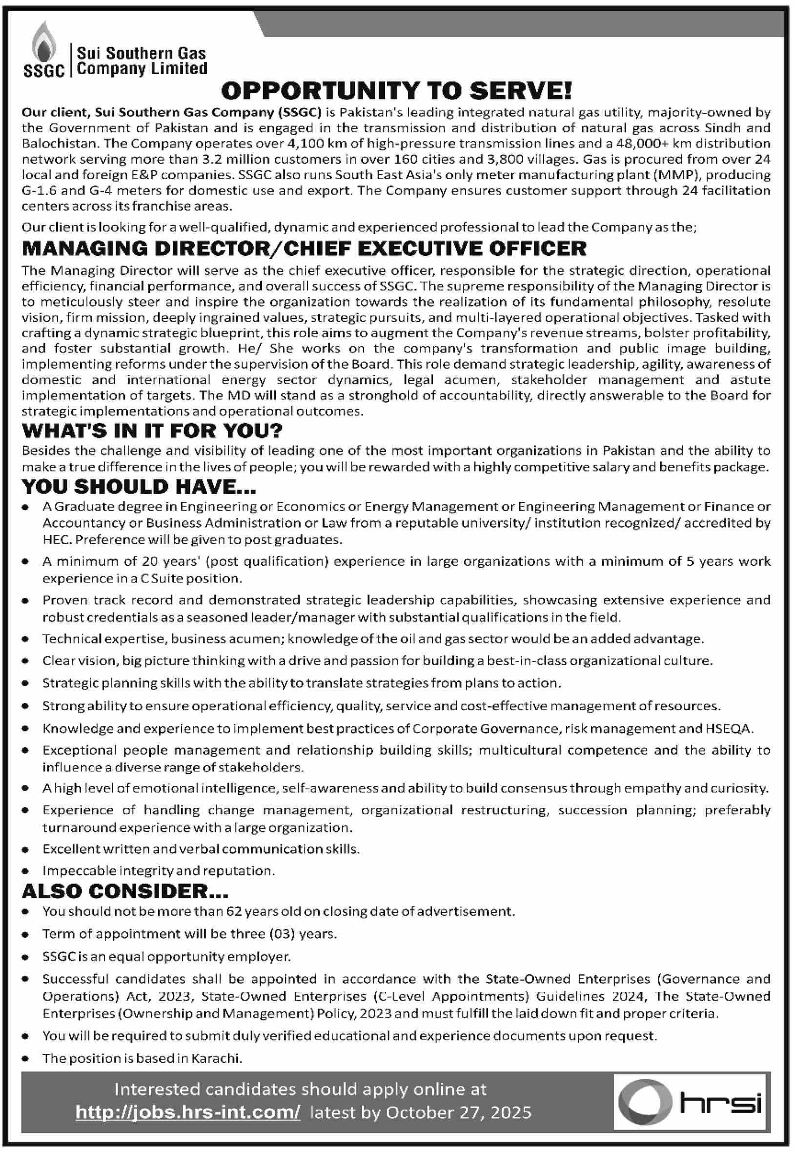 Sui Southern Gas Company Limited (SSGC) Jobs 2025 – Managing Director & Chief Executive Officer Vacancy in Karachi