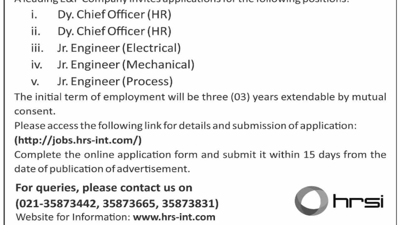 Latest Human Resource Solutions International (HRSI) Jobs 2025 – Apply Online for Management & Engineering Vacancies in Karachi