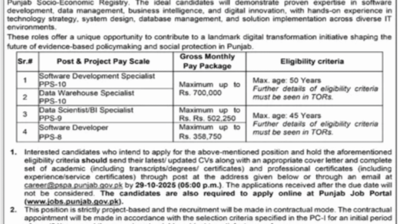 Punjab Social Protection Authority (PSPA) Lahore Jobs 2025 – Apply Now for IT Specialist Positions