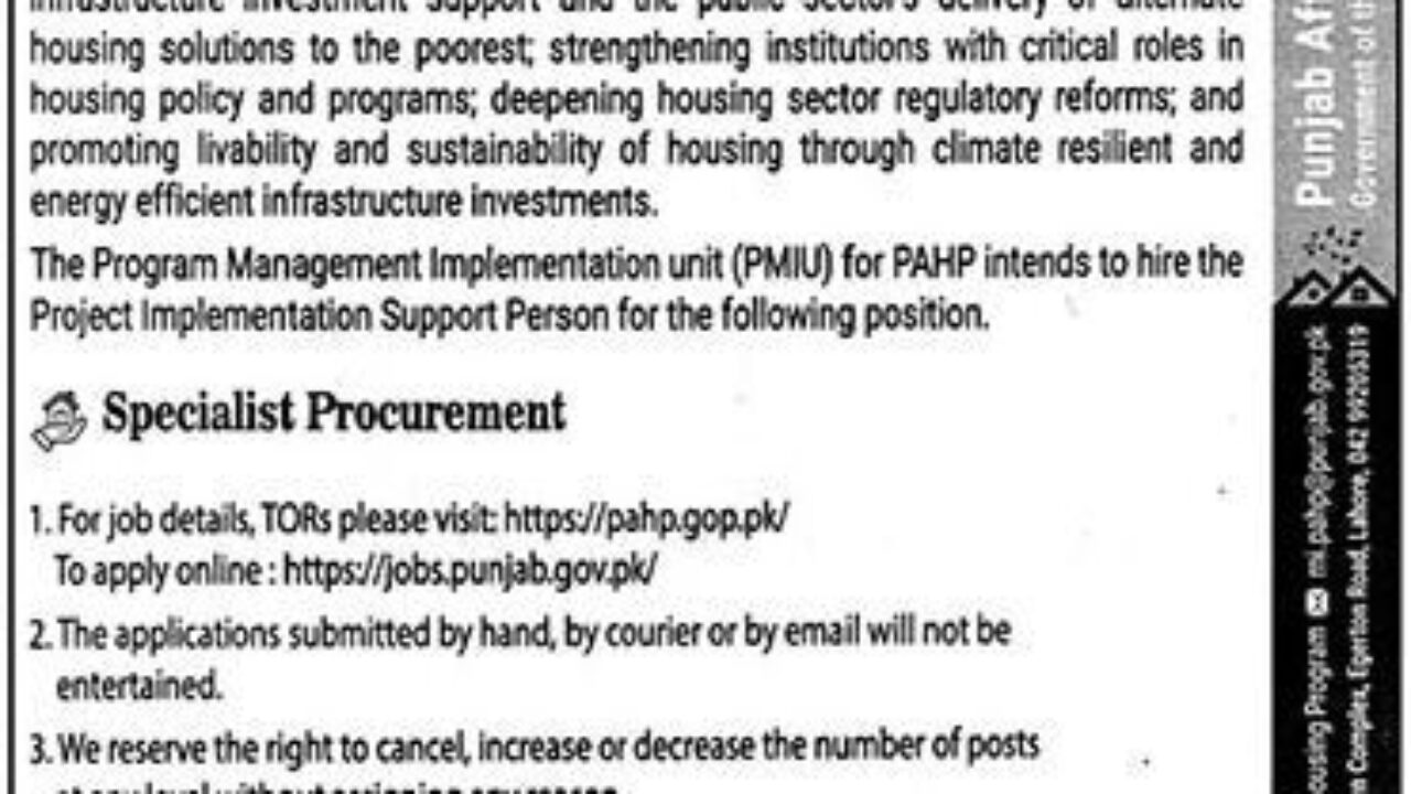 Punjab Affordable Housing Program (PAHP) Lahore Jobs 2025 – Apply Now for Specialist Procurement Position