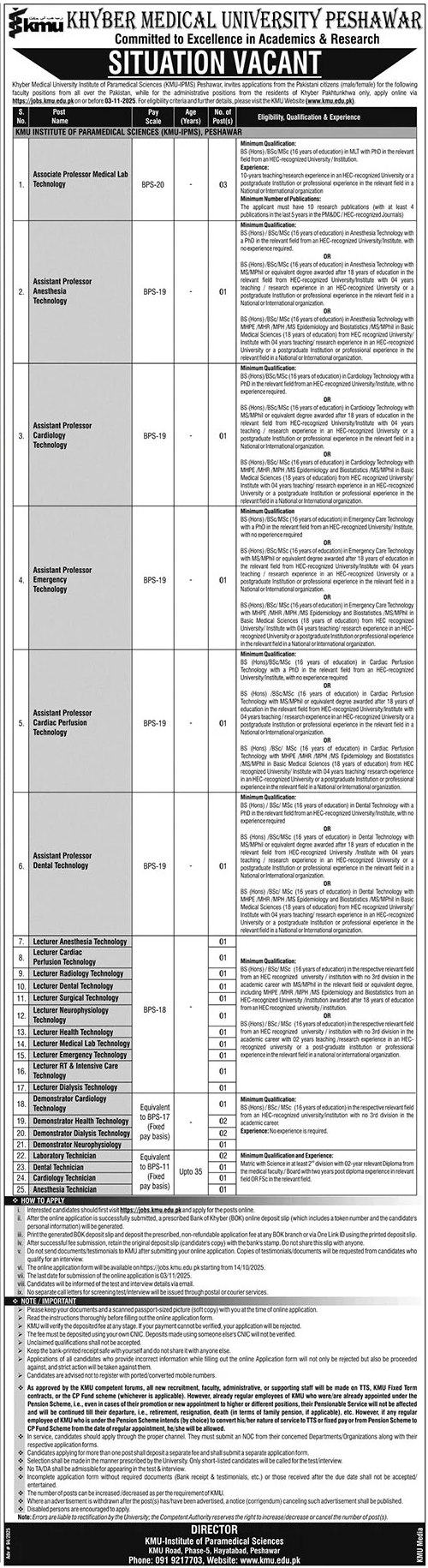 Khyber Medical University (KMU) Peshawar Jobs 2025 – Apply Online for Teaching & Technical Vacancies