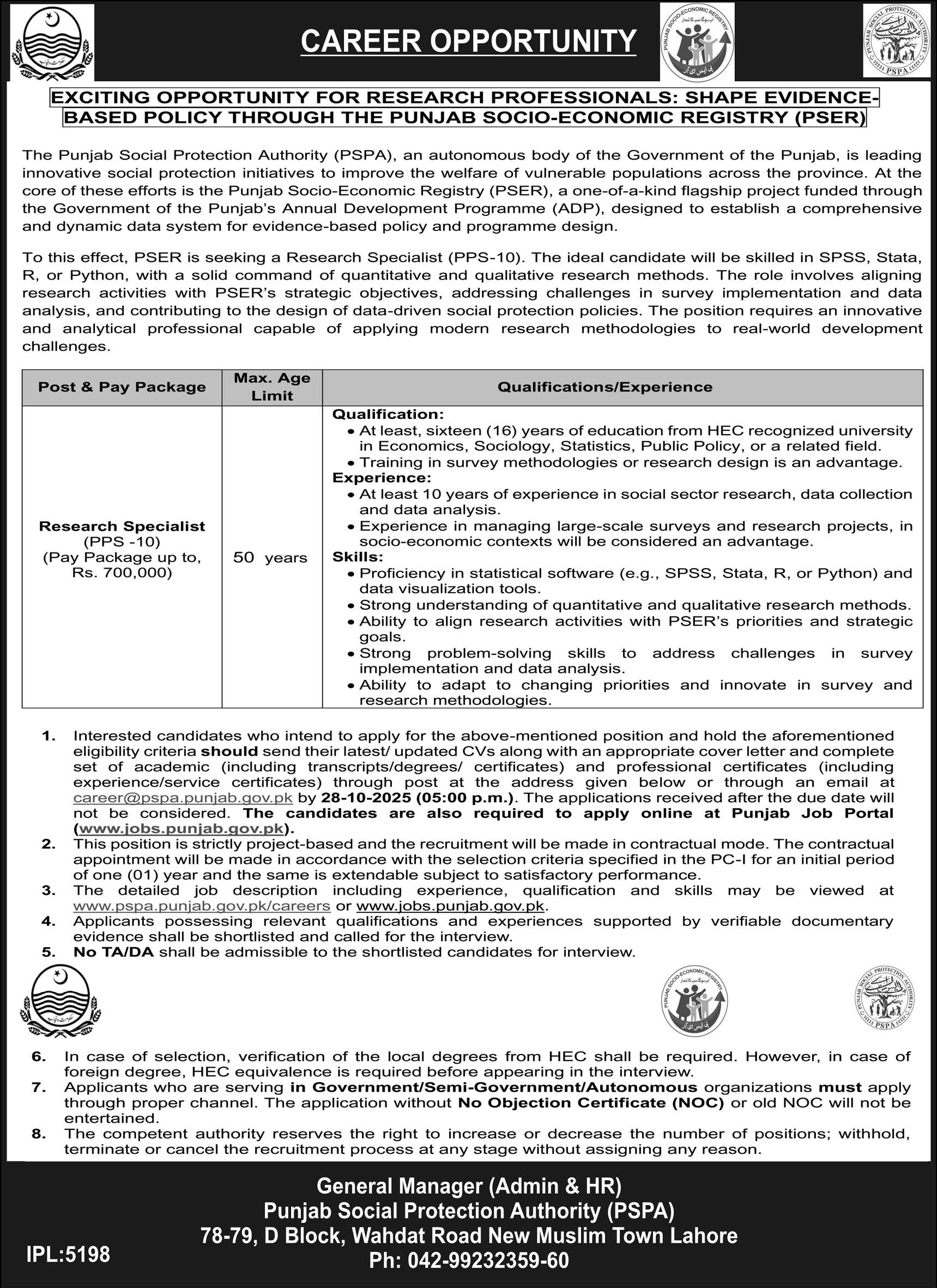 Punjab Social Protection Authority (PSPA) Jobs 2025 – Apply Now for Research Specialist Position in Lahore