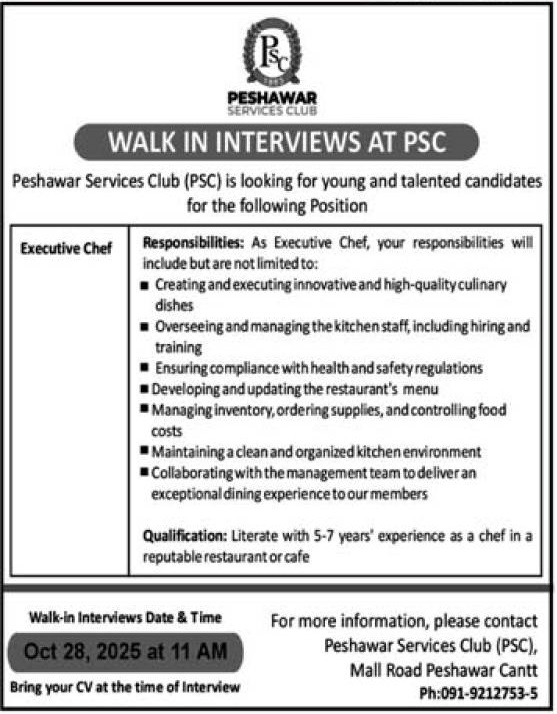 Peshawar Services Club Jobs 2025 – Apply Now for Executive Chef Position
