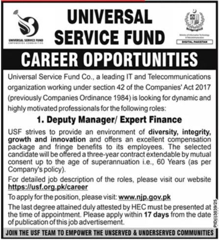 Universal Service Fund Islamabad Jobs 2025 – Apply Online for Management Positions