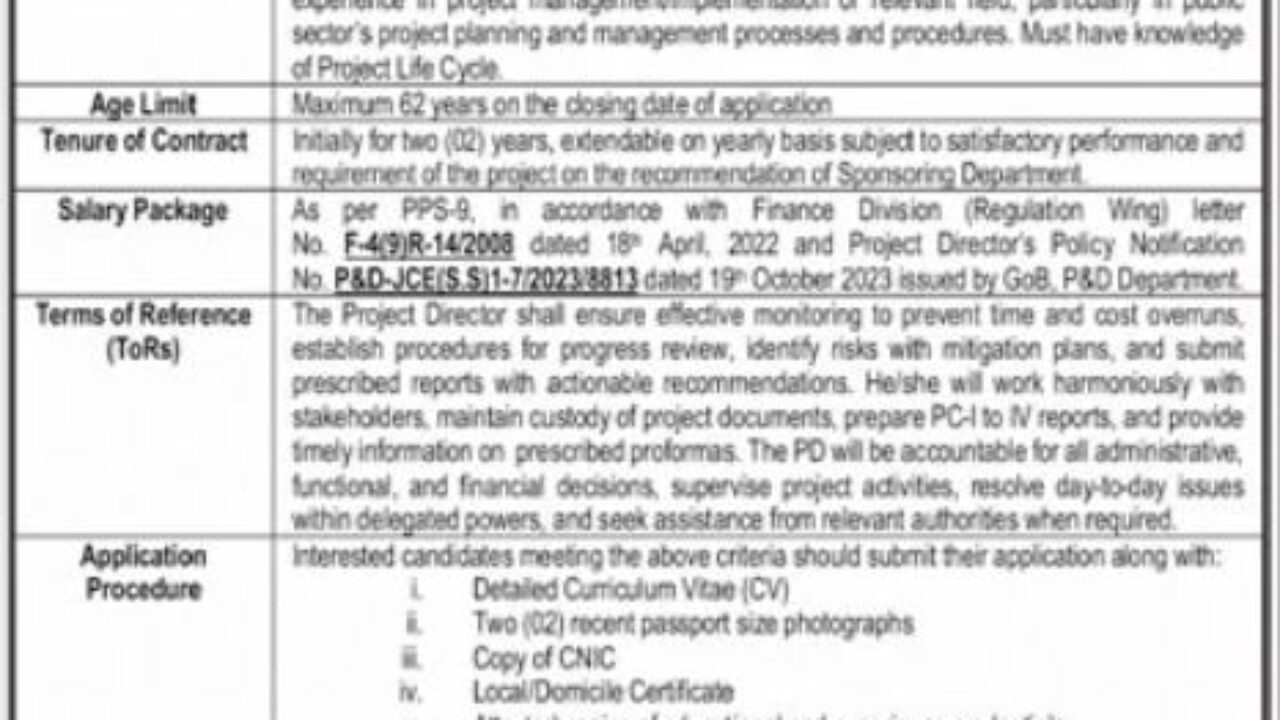 Communications Works Physical Planning & Housing Department Jobs 2025 – Project Director (Quetta, Balochistan)