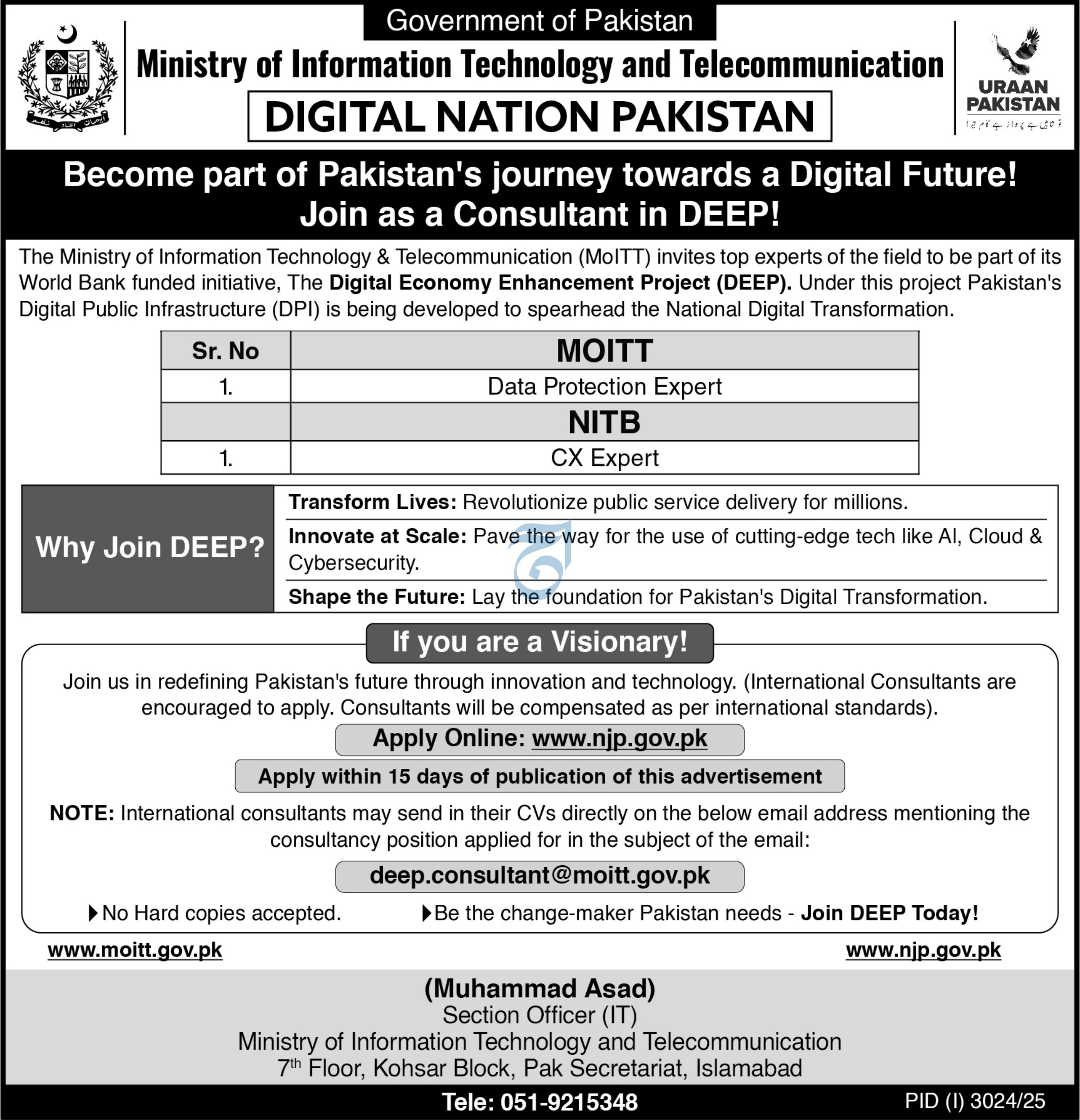 Ministry of Information Technology & Telecommunication (MOIT) Jobs 2025 – Consultant Position in Islamabad