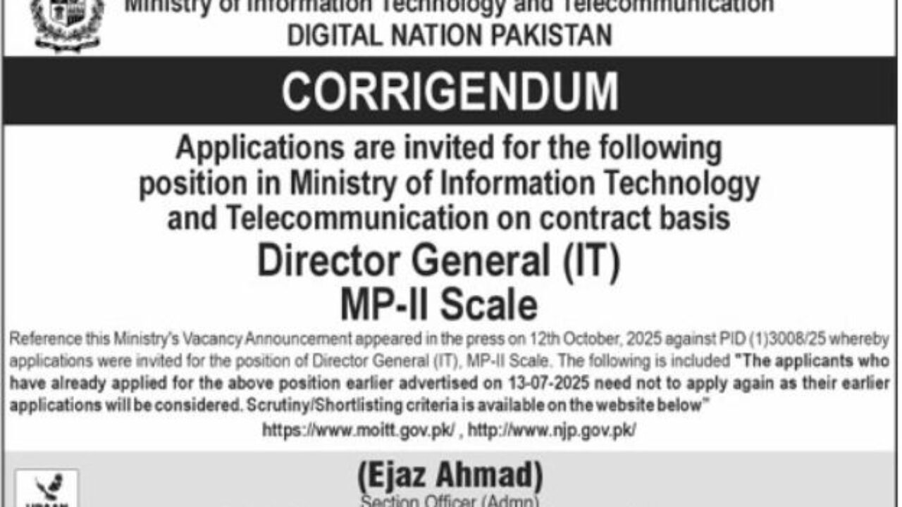 Ministry of Information Technology & Telecommunication (MOIT) Jobs 2025 – Apply for Director General IT Post