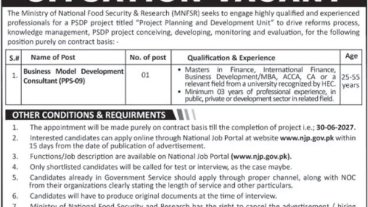 Ministry of National Food Security & Research (MNFSR) Jobs 2025 – Apply for Business Model Development Consultant
